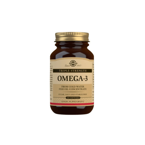 Jag Couture London Omega-3 Softgels by Solgar, triple strength, in a pack of 100 softgel capsules for heart and brain health.