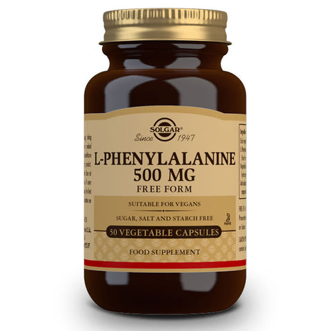 Jag Couture London - New York Solgar L-Phenylalanine 500mg supplement bottle with 50 capsules on a white background