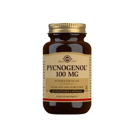 Solgar Pycnogenol 100mg supplement in a bottle of 30 capsules, featuring the product label with branding details.