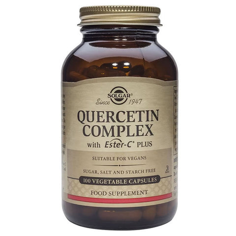 Solgar Quercetin Complex supplement in a bottle of 100 capsules, with natural dietary supplement appearance.