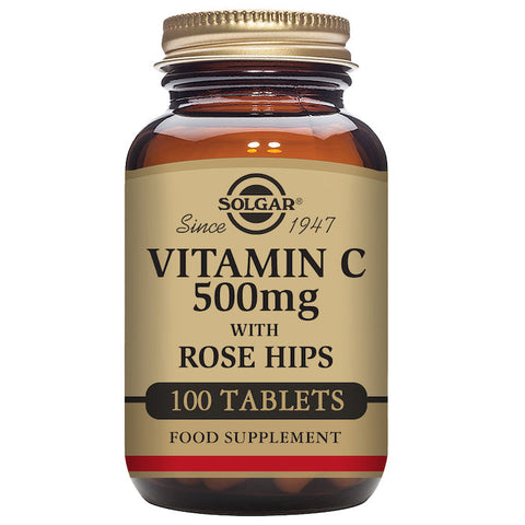 Jag Couture London New York Solgar Vitamin C Rose Hips 500mg bottle with 100 tablets, showing the supplement packaging and tablets inside
