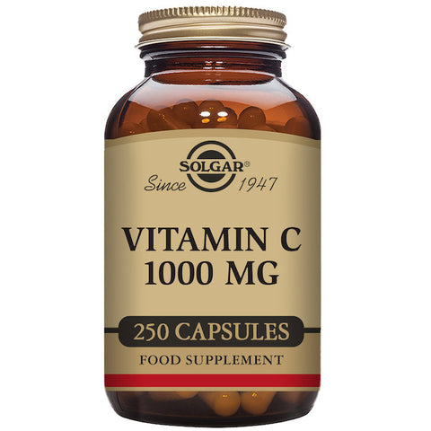 Solgar Vitamin C 1000 mg supplement in a bottle of 250 capsules, natural health product, with bright orange label and capsule imagery