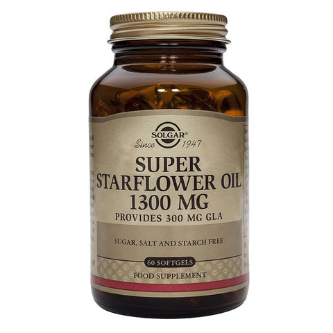Solgar Super Starflower Oil 1300mg softgels in a bottle, dietary supplement for skin and hormonal health, by Jag Couture London - New York