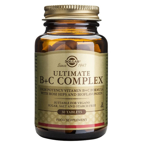 Solgar Ultimate B+C Complex supplement in a bottle of 30 tablets, featuring colorful tablets and the product label.