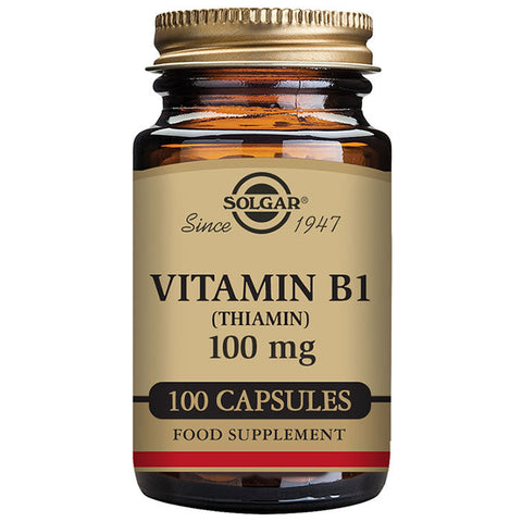Jag Couture London New York Solgar Vitamin B1 100mg capsules in a bottle, highlighting supplement for energy and nerve support.