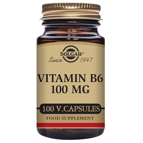 Jag Couture London New York Solgar Vitamin B6 100mg capsules in a bottle, showcasing supplement packaging and capsules.