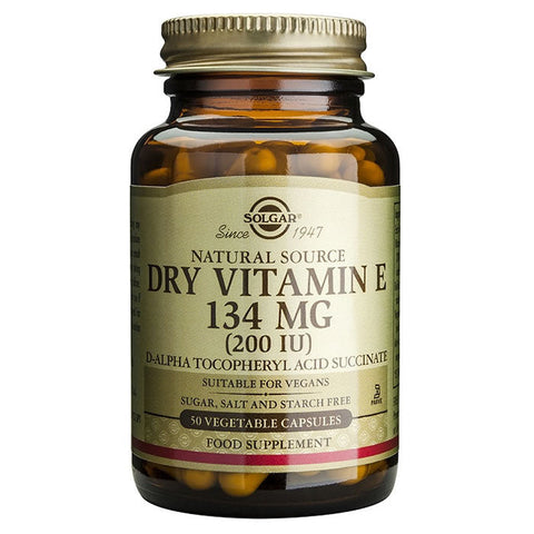 Solgar Vitamin E Dry 134mg (200 IU) capsules, dietary supplement in a bottle, with a focus on the capsules and label.
