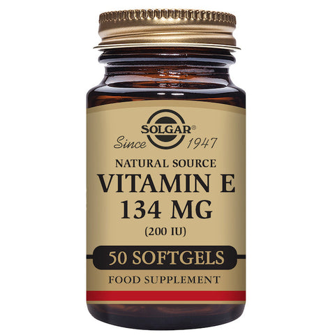 Solgar Vitamin E 134mg 200 IU softgels in a bottle, supplement for skin and immune support, branded by Jag Couture London - New York
