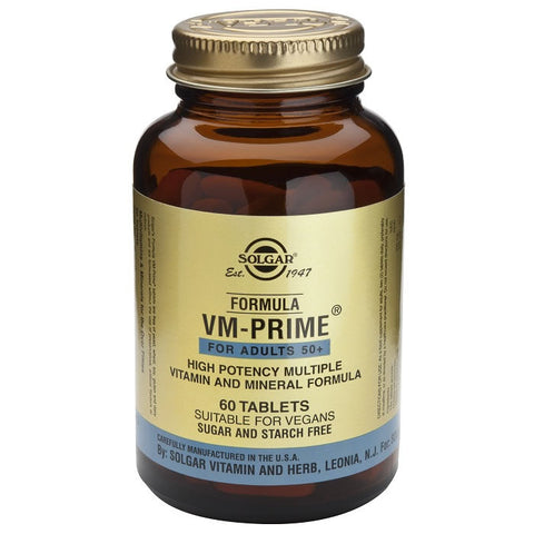 Solgar VM-Prime Adults 50+ multivitamin capsules in a bottle, designed for mature adults' nutritional support.