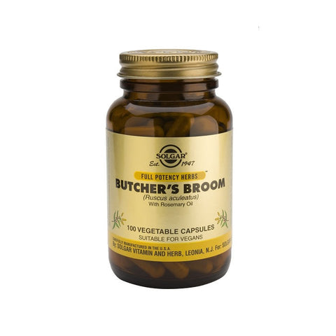 Solgar Butcher's Broom dietary supplement capsules in a bottle, designed for circulatory and vein health.