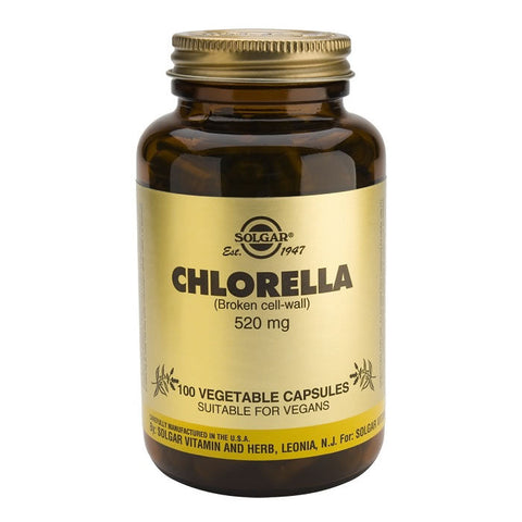 Jag Couture London - New York Solgar Chlorella 520mg capsules, 100 count, green dietary supplement capsules on a white background.