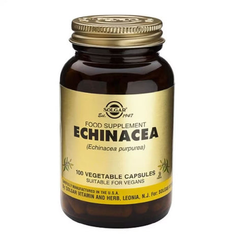 Solgar Echinacea 100-capsule bottle, natural herbal supplement for immune support, displayed with capsule close-up.