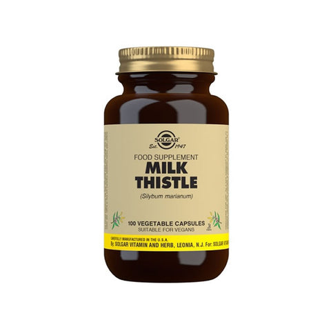 Solgar Milk Thistle supplement in a bottle with 100 capsules, featuring the product label and capsule images.