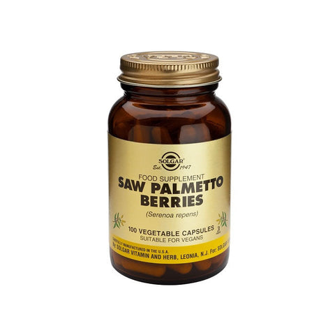 Jar of Solgar Saw Palmetto Berries dietary supplements with 100 capsules, natural herbal supplement from Jag Couture London - New York