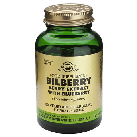Jag Couture London - New York Solgar Bilberry Berry Extract with Blueberry capsules, close-up of 60 capsule bottle.