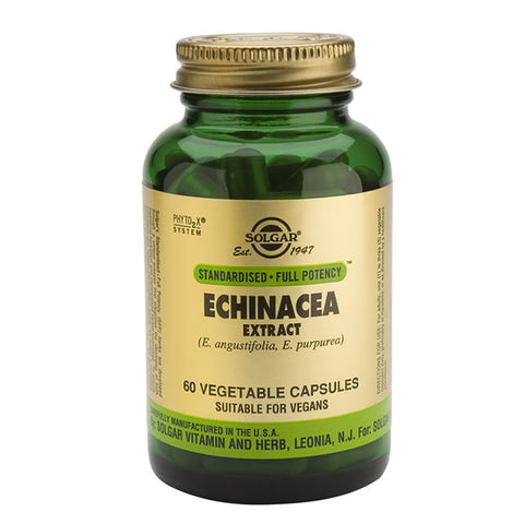 Jag Couture London - New York Solgar SPF Echinacea Extract 60 capsules, close-up of the supplement bottle with label visible.