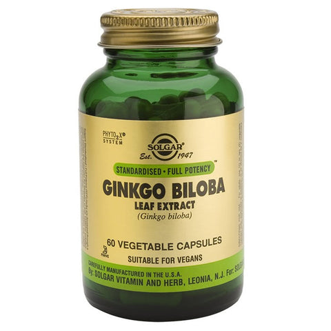Jar of Solgar Ginkgo Biloba 60 capsules with label showing herbal supplement for memory and cognitive support.