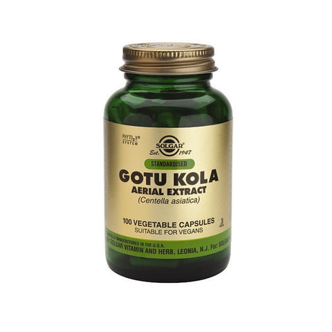 Solgar SPF Gotu Kola air extract capsules, 100-count, natural herbal supplement for skin and wellness.