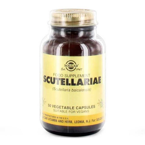 Solgar Scutellaria herbal supplement in 50 capsules, displayed in a jar with label, produced by Jag Couture London - New York