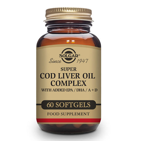 Jag Couture London - New York Solgar Super Cod Liver Oil Complex softgels in a bottle, showing 60 softgel capsules on the label.