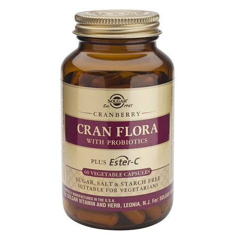 Solgar Cran Flora dietary supplement capsules with 60 capsules, featuring herbal blend for health support.