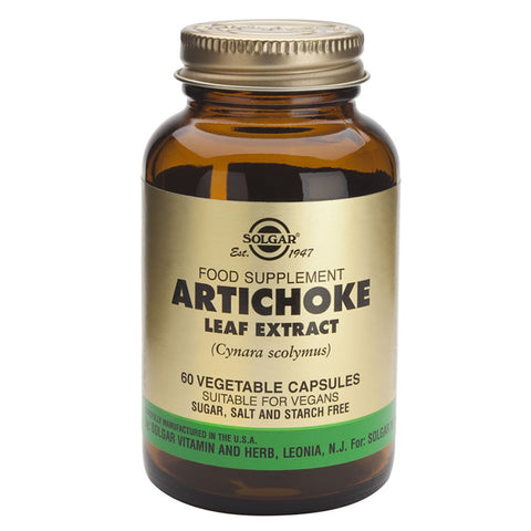 Jag Couture London Artichoke supplement, Solgar SFP Cynara Scolymus 60 capsules, shown in a clear bottle with label