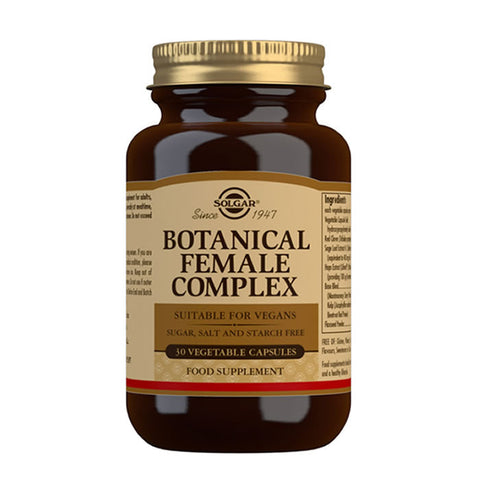 Solgar Botanical Female Complex supplement in 30 capsules, featuring herbal ingredients for women's health and wellness.
