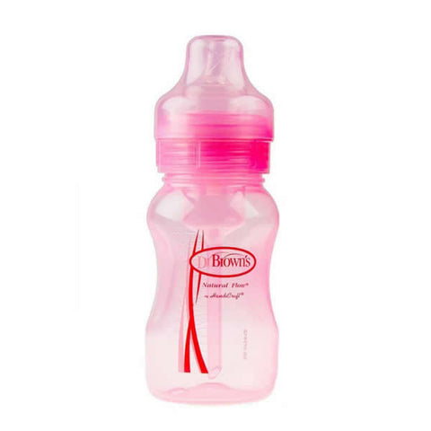 Pink Dr Brown's Wide Neck Baby Bottle with 240ml capacity, featuring a clear glass body and soft silicone nipple.