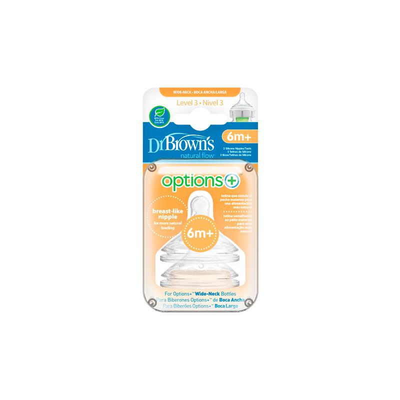Two Dr. Brown's Options Level 3 baby bottle nipples by Jag Couture London - New York, designed for easy feeding.