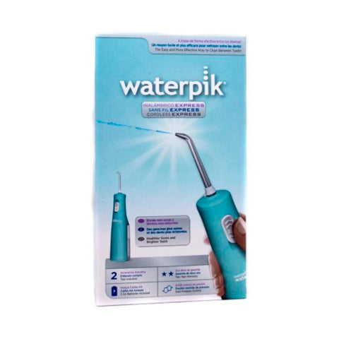 Jag Couture London waterpik Express wireless oral irrigator WP 02 in blue, showing the handheld device with water nozzle.