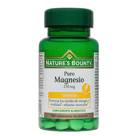 Bottle of Nature's Bounty Magnesium 250mg tablets, supplement with 100 tablets in a clear container.