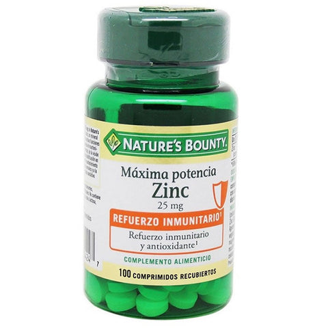 Nature's Bounty Zinc Maximum Strength 25mg supplement bottle with 100 tablets, displayed on a neutral background.