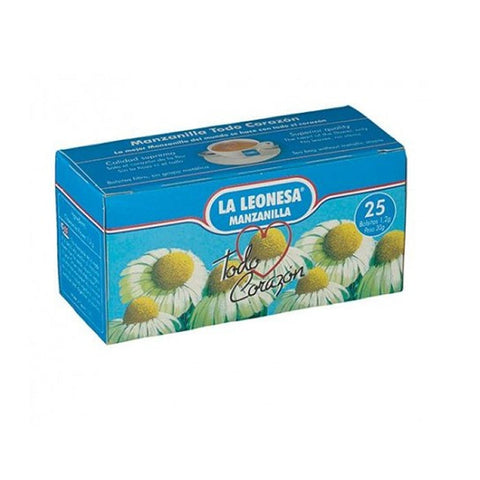 Box of La Leonesa chamomile tea filters by Jag Couture London New York, showing 25 individually wrapped chamomile tea bags.