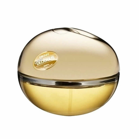 Donna Karan Golden Delicious Eau de Parfum spray bottle, 100ml, with elegant label and gold accents, by Jag Couture London - New York.