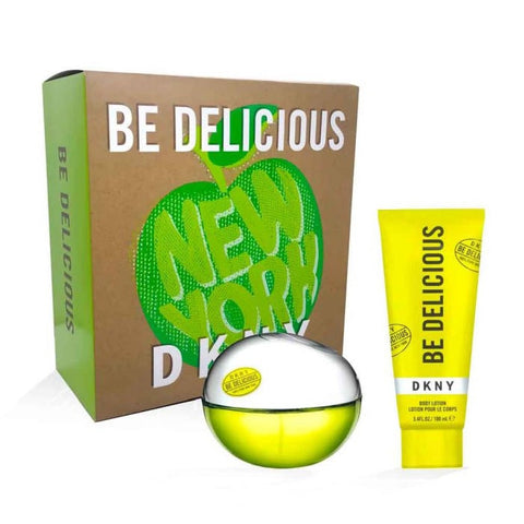 Set of two DKNY Be Delicious Eau De Perfume sprays, 100ml each, featuring fresh apple and floral scent bottles.
