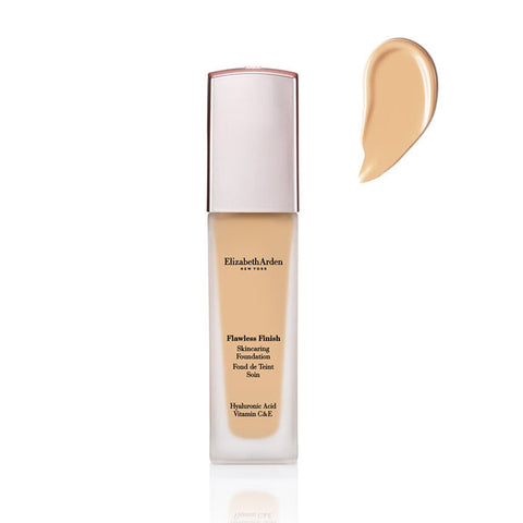 Elizabeth Arden Flawless Finish Skincaring Foundation 240N in 30ml bottle, featuring a sleek design and smooth liquid texture.