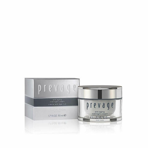 Elizabeth Arden Prevage anti-aging overnight cream in a 50ml jar, displayed with a sleek design and elegant packaging.