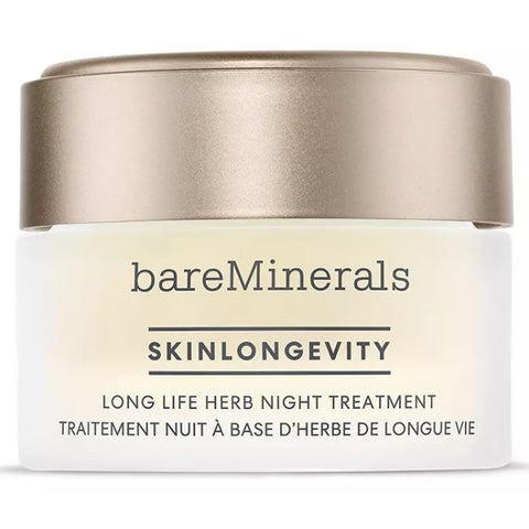 Bareminerals Skinlongevity Long Life Herb Night Treatment 50ml jar, featuring herbal skincare formula in a sleek container.