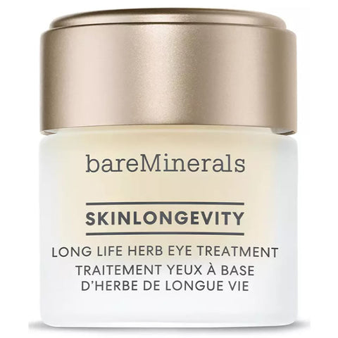 Jag Couture London BareMinerals Skinlongevity Long Life Herb Eye Treatment 15ml, close-up of the product bottle with label visible