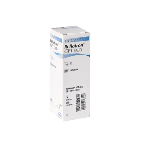 Reflotron Pyruvate Transaminase GTP test strips by Jag Couture London for blood enzyme testing, shown in the image.