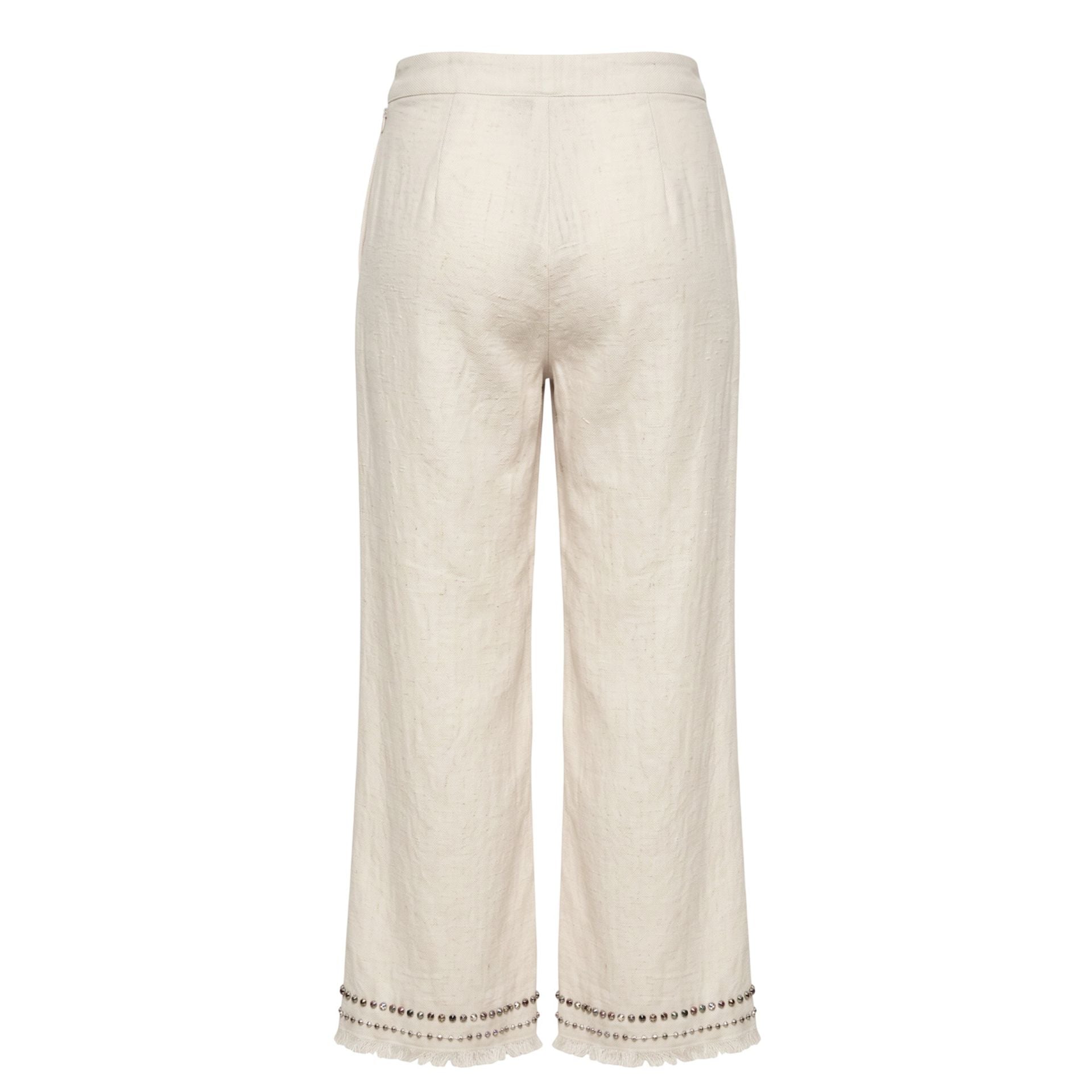 White Trussardi jeans with classic fit, featuring the Trussardi logo patch on the waistband and stylish stitching details.