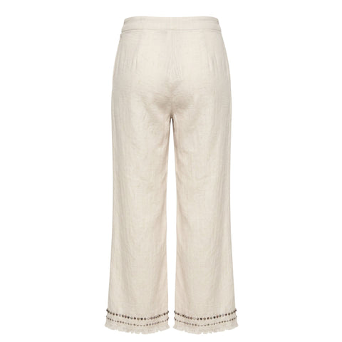 White Trussardi jeans with classic fit, featuring the Trussardi logo patch on the waistband and stylish stitching details.