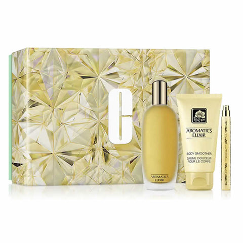 Set of three Clinique Aromatics Elixir Eau de Parfum sprays in 100ml bottles, featuring elegant packaging and classic fragrance.