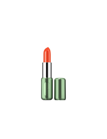 Clinique Pop Longwear Shine lipstick in Flame Pop, 3.9g, with vibrant orange-red color and sleek packaging.