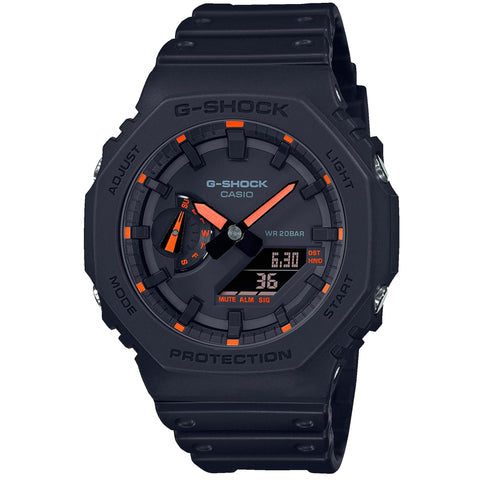 Casio G-Shock GA-2100-1A4ER watch with black resin band and digital-analog display, displayed on a neutral background.