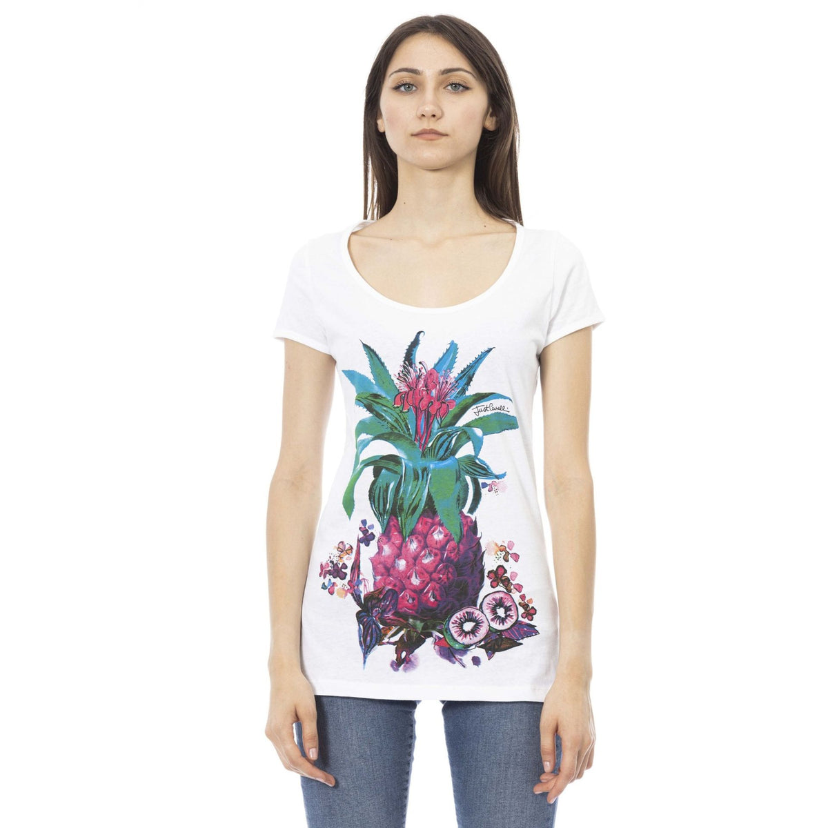Just Cavalli Beachwear L44151GRBC white and magenta bikini top with floral pattern, displayed on a hanger.