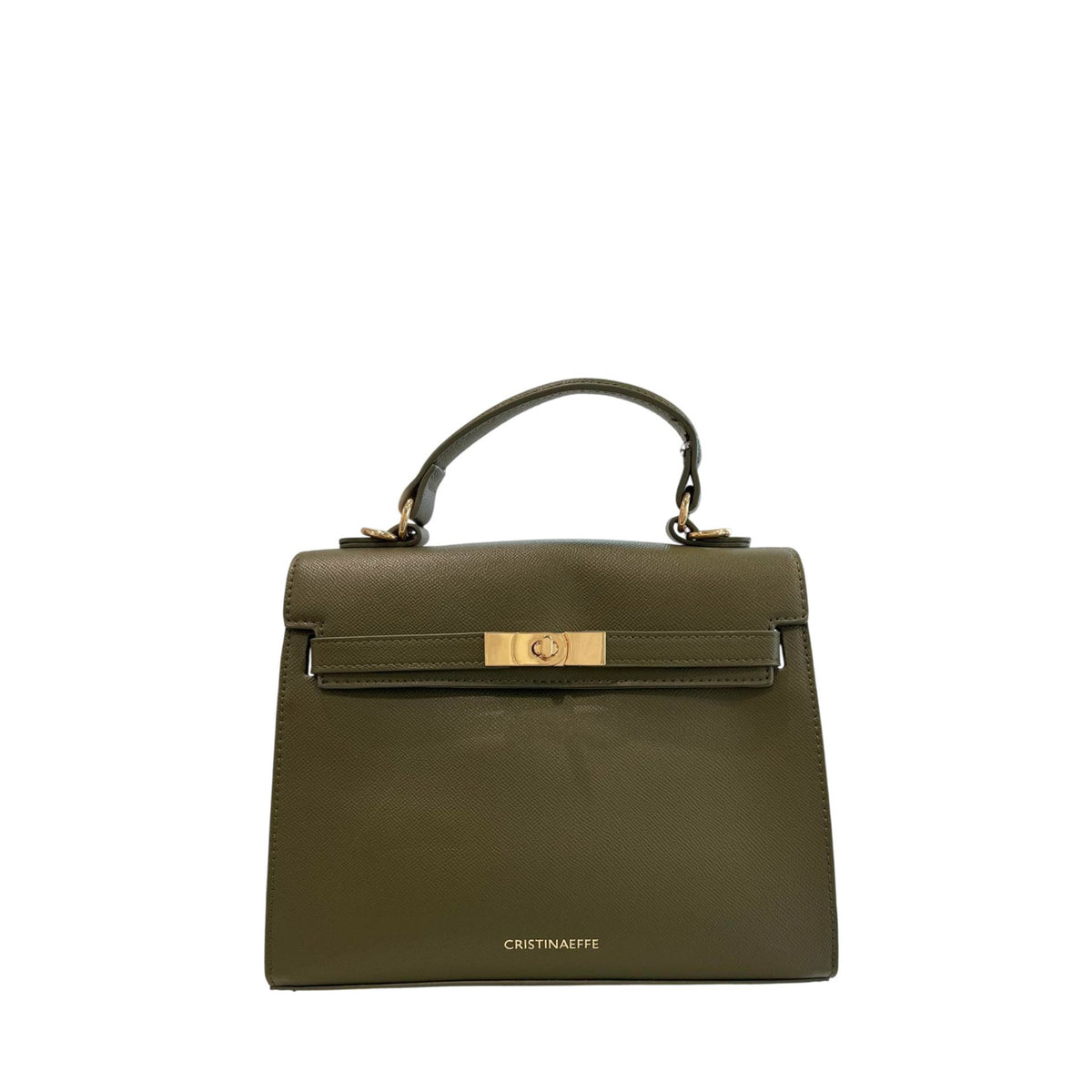 Cristinaeffe CF24FW027 green handbag by Jag Couture London - New York, stylish leather accessory with gold accents and adjustable strap.