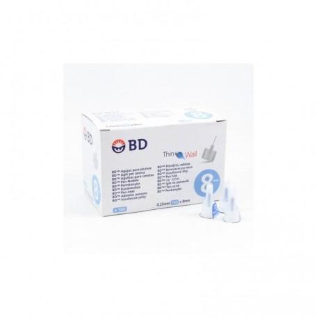 Box of 100 BD Aguja para Plumas Thin Wall 0.25 x 8 mm needles by Becton Dickinson, displayed on a clean background.