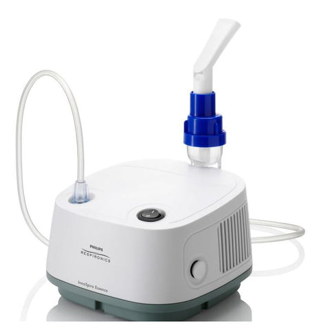 Philips Innospire Essence Nebulizer used for respiratory therapy, with compact design and clear medication chamber.