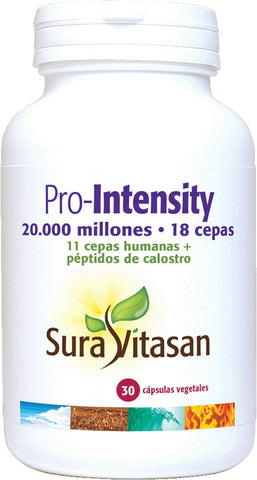 Jag Couture London - New York Sura Vitas Pro-Intensity 30 Cap bottle with white capsules in a clear container.